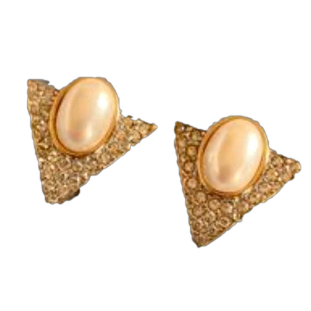 VTG Hobé Gold Pavé Rhinestone Oval Faux Pearl Triangle Clip-On Earrings Signed